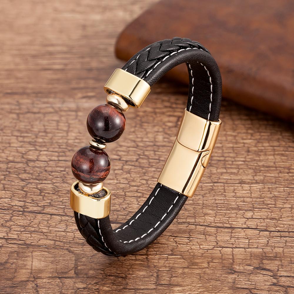 Bracelet Cuir Homme LOCCY Avec Obsidienne - Fermoir Magnétique, Cuir PU Noir - Tailles 19cm, 21cm, 23cm - Cadeau Pour Homme, Père, Mari